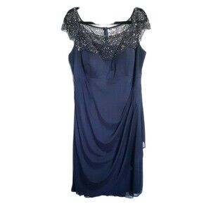 Alex Evening Blue Beaded Collar Cap Sleeve Chiffon Ruched Side Draping Dress 14P